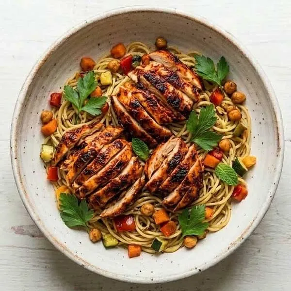 Harissa chicken with cumin shaghetti